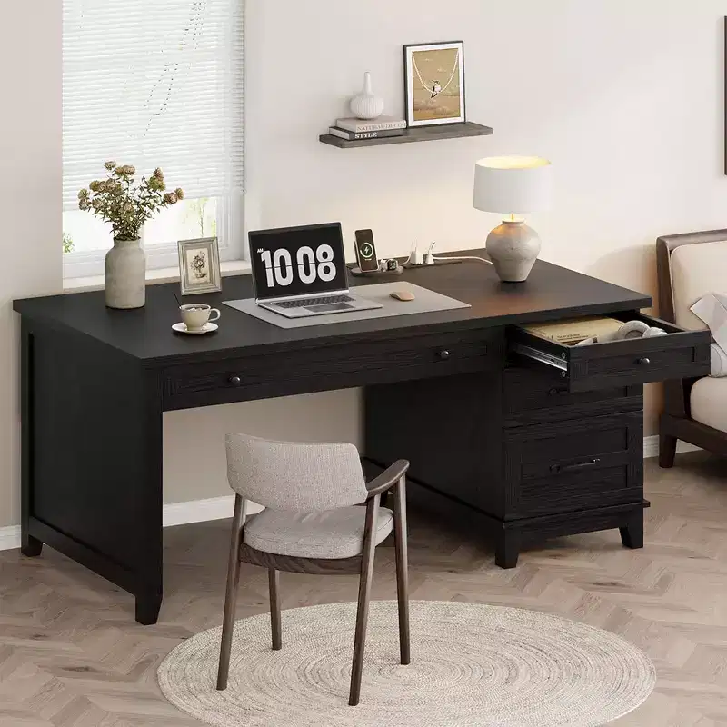 53.5 Farmhouse Executive Desk with Charging Station, Wood Computer Desk with Drawers & File Cabinet for Home Office