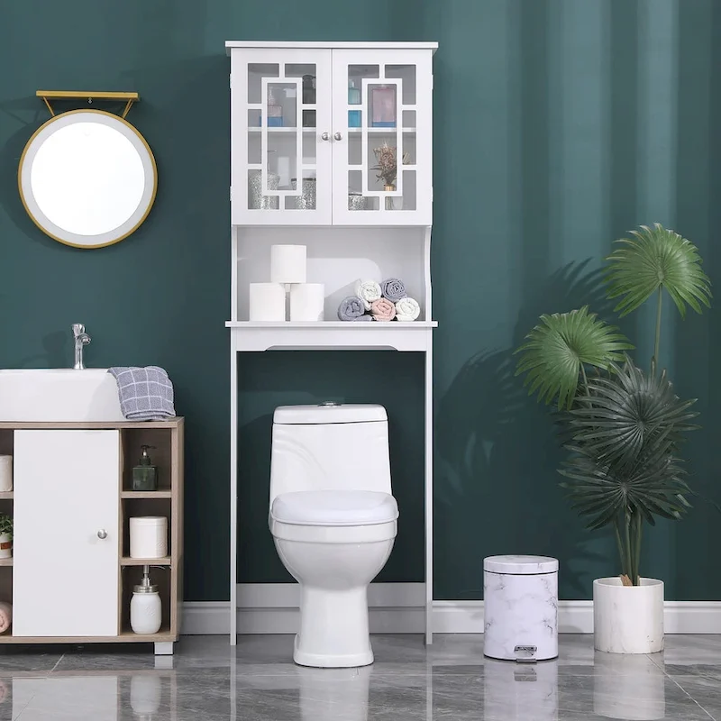 EROMMY Over-The-Toilet Storage, Wooden Bathroom Organizer, with 2 Glass Doors & Adjustable Shelf for Bathroom