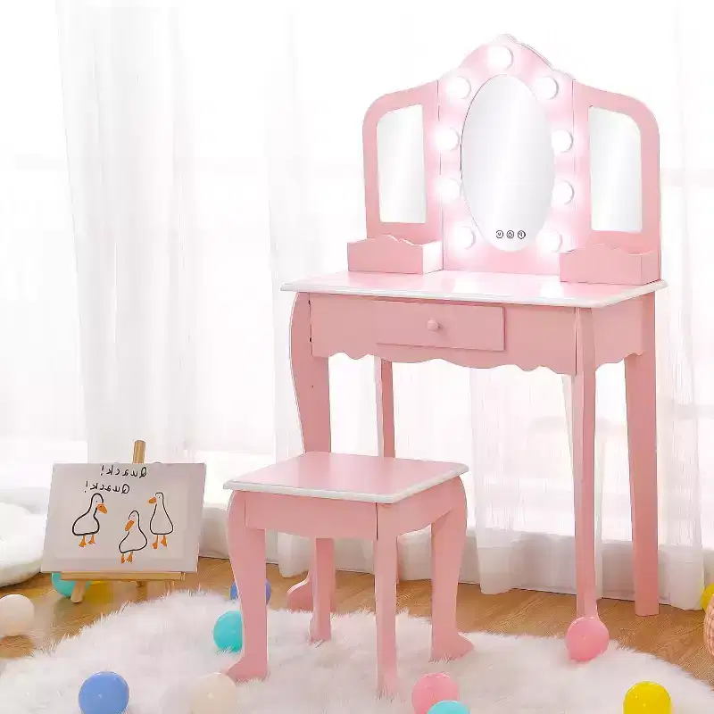 Vanity Set with 3 Mirrors, Pretend Play Girls Vanity Table and Chair Set with Lighted Mirror