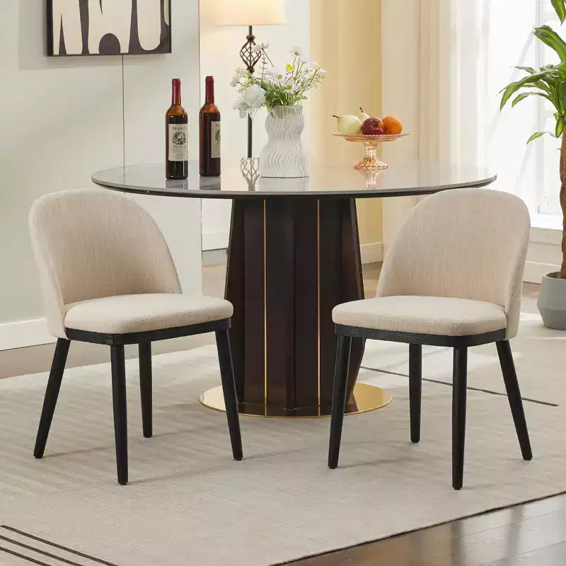 Set of 2 Armless Dining Chairs with Curved Backrest and Wood Leg for Restaurant/Cafe, Modern Fabric Upholstered