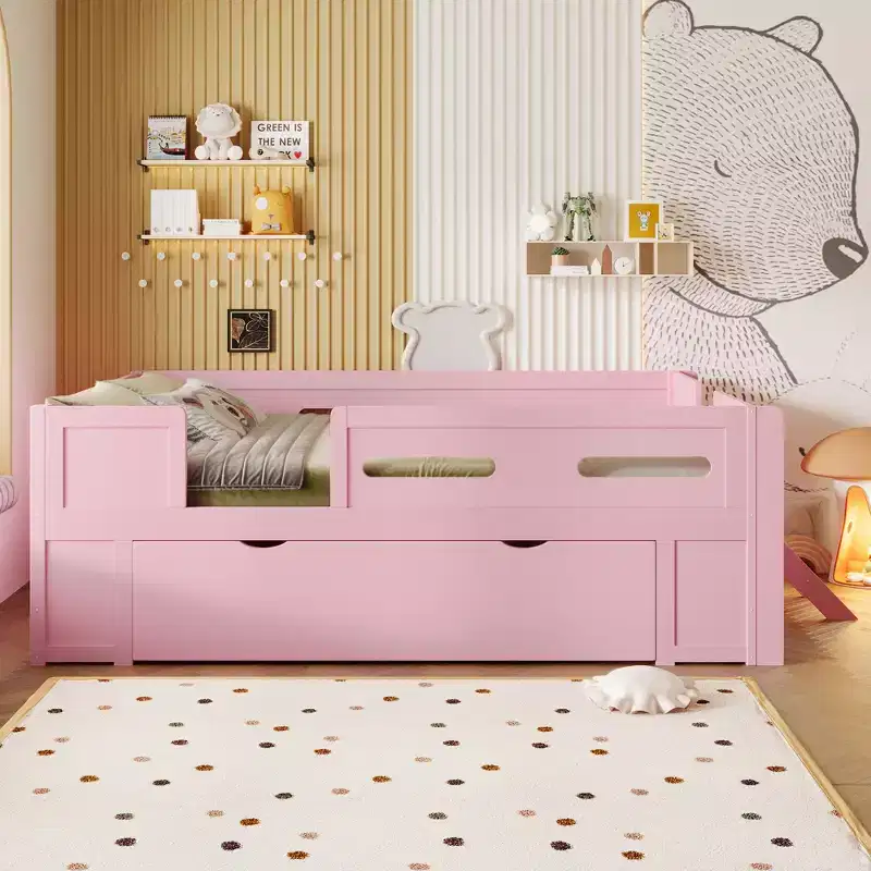 Twin/Full Size Platform Bed Frame with Semi-Enclosed Guardrail and Drawer - ModernLuxe
