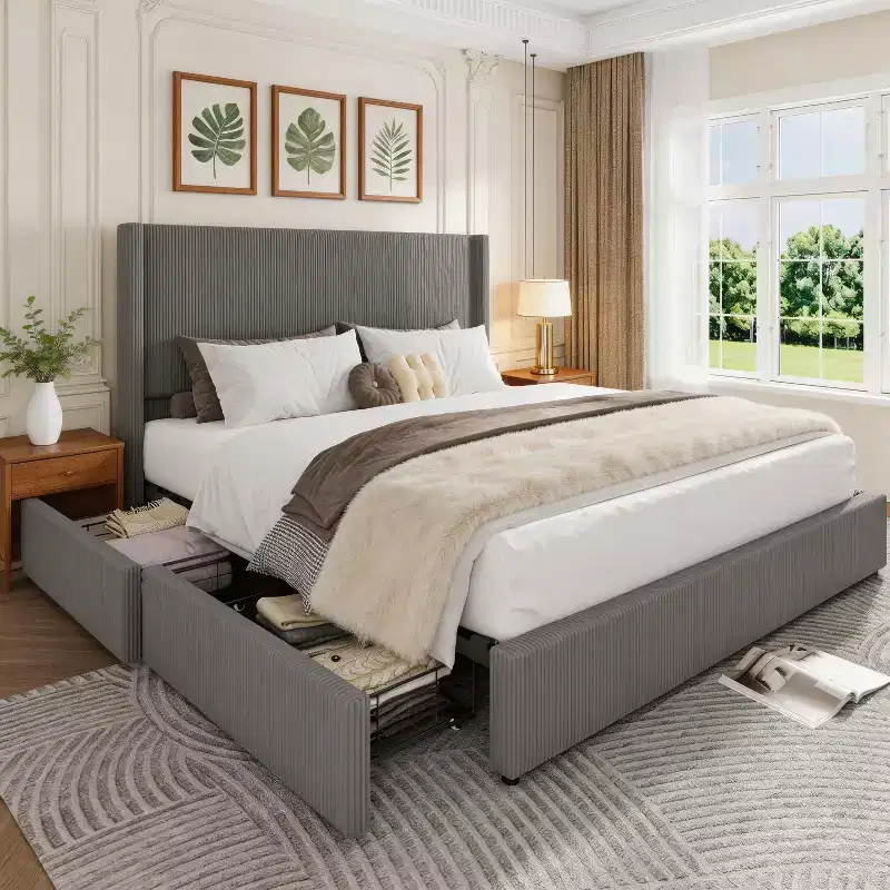 Gray Corduroy Upholstered Platform Bed Frame with Storage Drawers, Tufted Headboard & Footboard – Queen/King