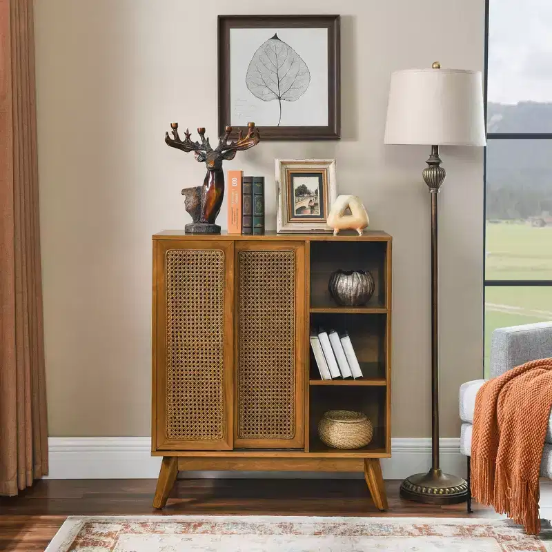 Okak Modern Rattan Sideboard Cabinet with Multi-layer Storage,Solid Wood Coffee Buffet Cabinet for Kitchen/Entryway /Dining Room/Living Room