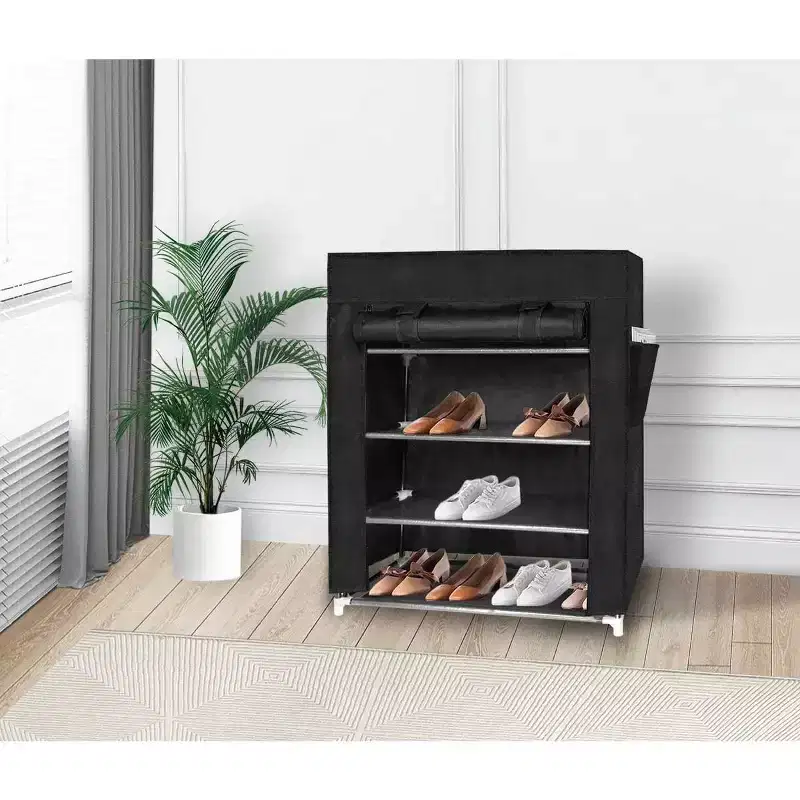 4 Tier Shoe Rack with Side Pocket Holds 24 Shoes Black