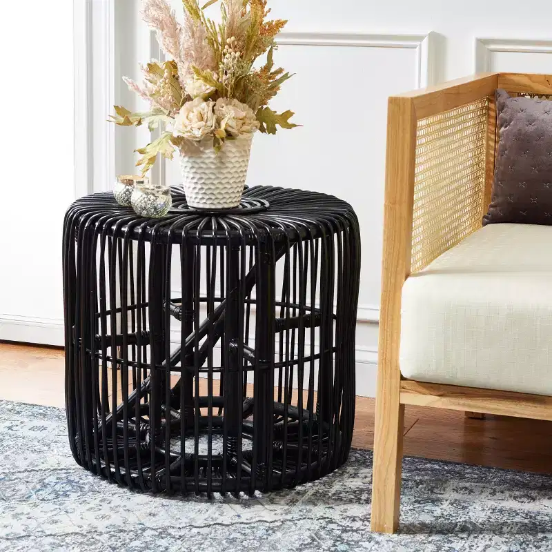 Round Rattan Accent Table, Coastal Style, 21.7