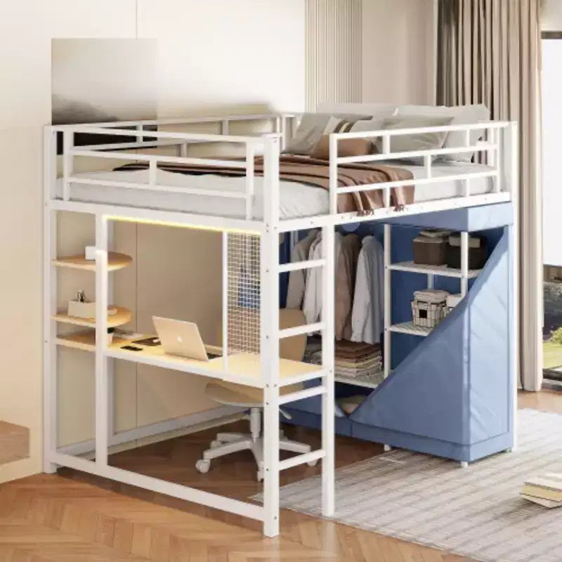 Full Size Loft Metal Bed with Desk,Shelves,Power Outlet,LED Light and Wardrobe, White
