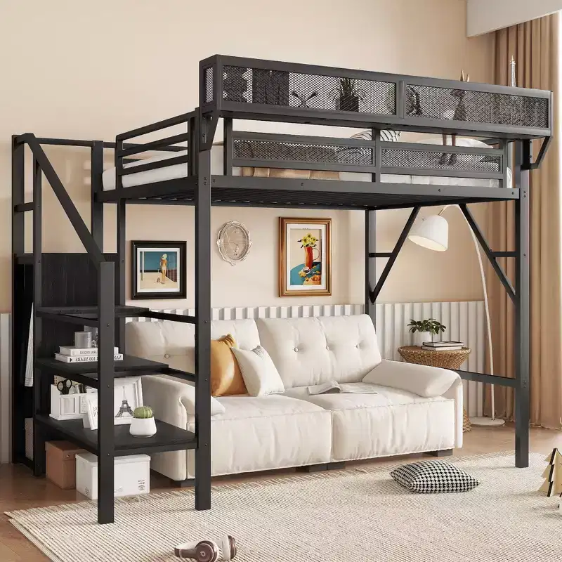 94IN Twin Size Loft Bed with Wardrobe, Twin Bed with Storage Shelves and Basket, Bed Frames for Bedroom, Dormitory