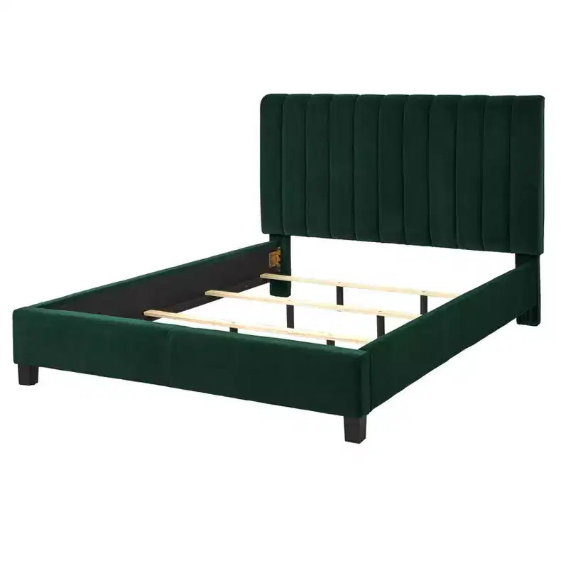 Lifestorey Teagan Queen Channel Upholstered Bed Emerald Green: Lifestorey, Tufted, Velvet Texture, Wood Frame