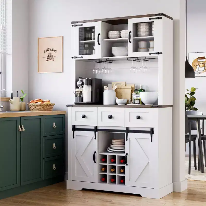 Wood 2-Sliding-Door Coffee Bar Cabinet with Wine Rack and 3 Drawers 72