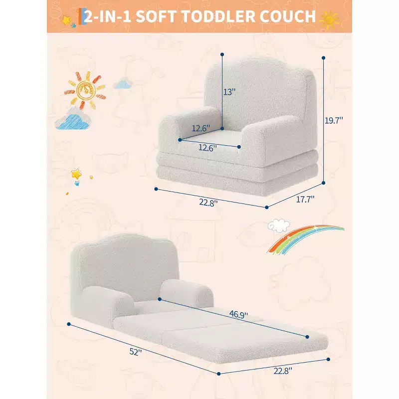 2-in-1 Kids Convertible Couch & Lounger Chair - Foldable Foam Toddler Sofa