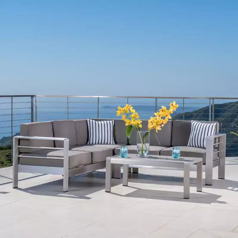 Salome 4pc Patio Chat Set: Modern Weather-Resistant Aluminum Frame, Loose Cushions, Tempered Glass Table, 5-Seater Capacity