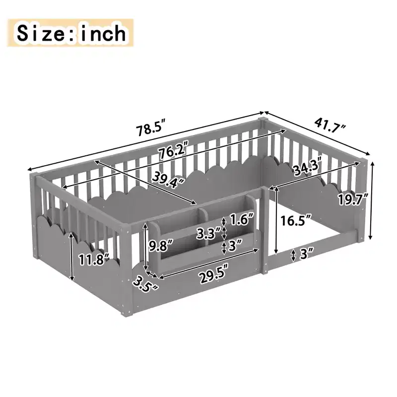 Bellemave Kids Floor Bed with Heightened Fence and Bookshelf, Wooden Twin Montessori Bed Frame for Girls Boys