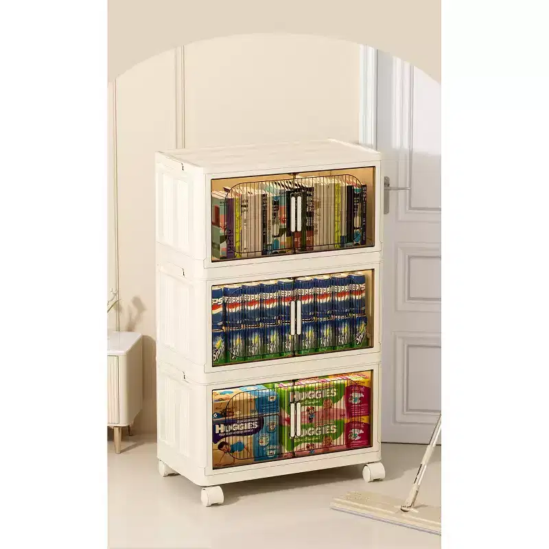 3 Tier Plastic Folding Storage Cabinet with Magnetic Door and Wheels - White