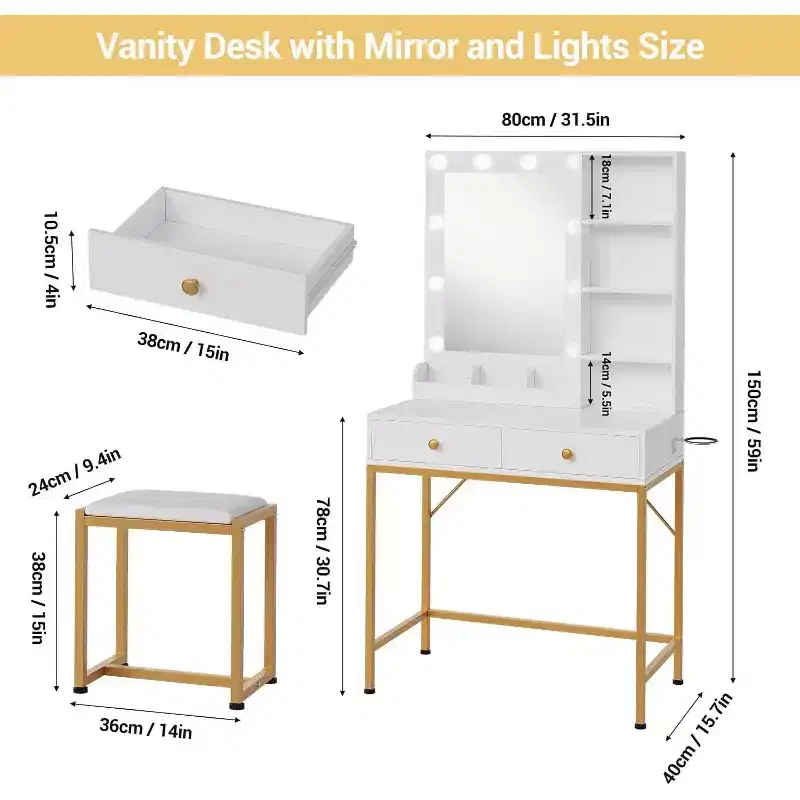 Vanity Desk Makeup Vanity with Large Mirror, 6 Storage Drawers, 3 Color Adjustable Lighting, Open Shelves, Brightness Control, Natural