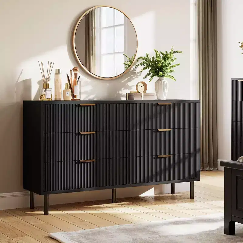 Wave Fluted 5 Drawer Dresser for Bedroom, Modern Wood Chest of Drawers with Wide Drawers, Wood Nursery Dresser with Metal Legs for Hallway Entryway