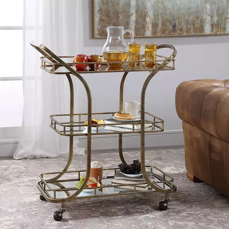 Uttermost Stassi 33 Wide Antiqued Gold Serving Bar Cart