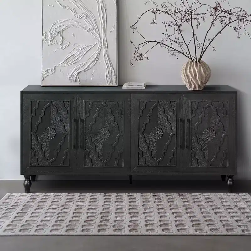 GDFStudio Mid Century Modern 62.99'' Carved Flower Door Cabinet with Adjustable Shelves
