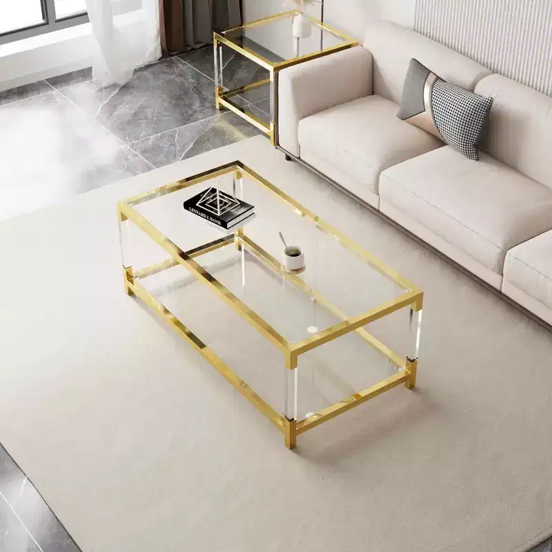 Modern Acrylic Legs Coffee Table, Double Layer Tempered Glass Top with Golden Metal Frame for Living Room Office