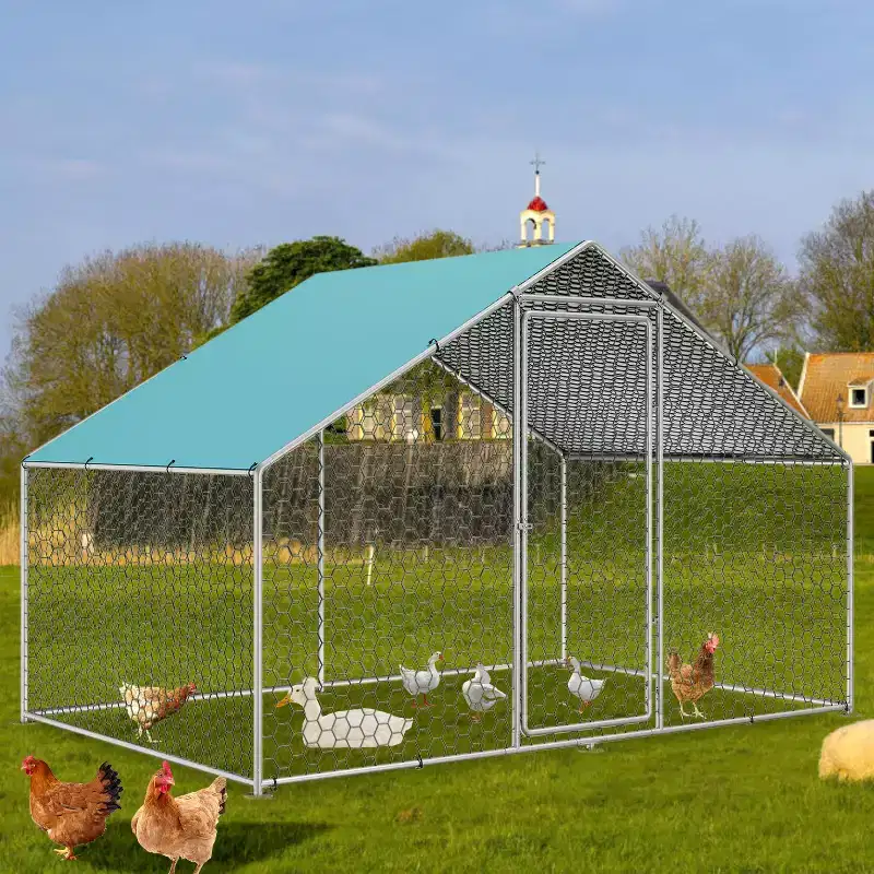 Dyonery Chicken Coop Run with Immersed Wire Mesh , Metal Chicken Run in for Yard with Waterproof Cover and Secure Lock