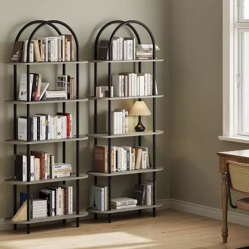 Black & Graphite Gray 71 Arched Bookshelf Set of 2 C 5-Tier Metal Frame Bookcase for Living Room/Bedroom/Office