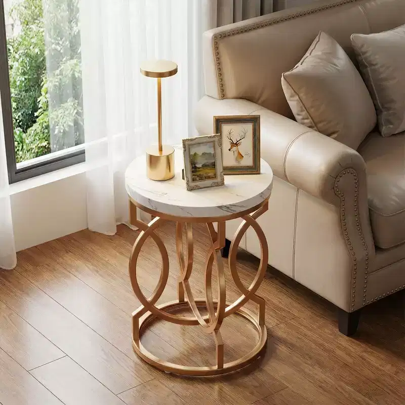Round End Table, Modern Bedside Table with Faux Marble Top