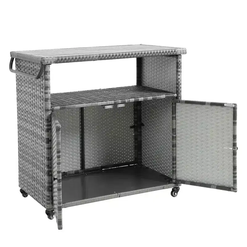 NAYSAYE Bar Serving Cart Outdoor Wicker Wine and Beverage Counter with Glass Top for Patio , Gray, 35.2*20.6*34.2