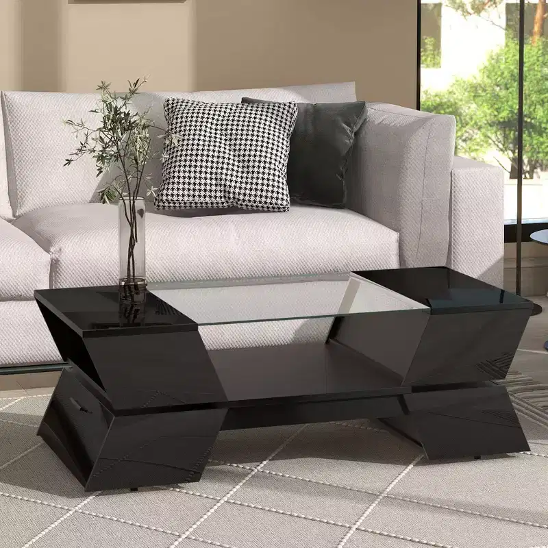 Coffee Table with Open Shelves and Cabinets, Glass-Top Coffee Table, Geometric Style Cocktail Table for Living Room