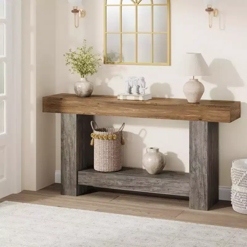 2-Tier Farmhouse Entryway Console Table, Long Sofa Accent Table with Open Storage