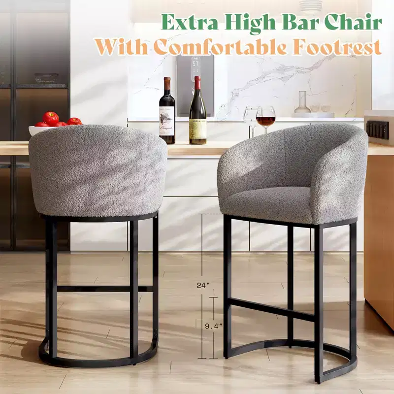 AMERLIFE Modern Counter Bar Stools, Boucle Chair with Arms, Footrest, 28 Upholstered Back