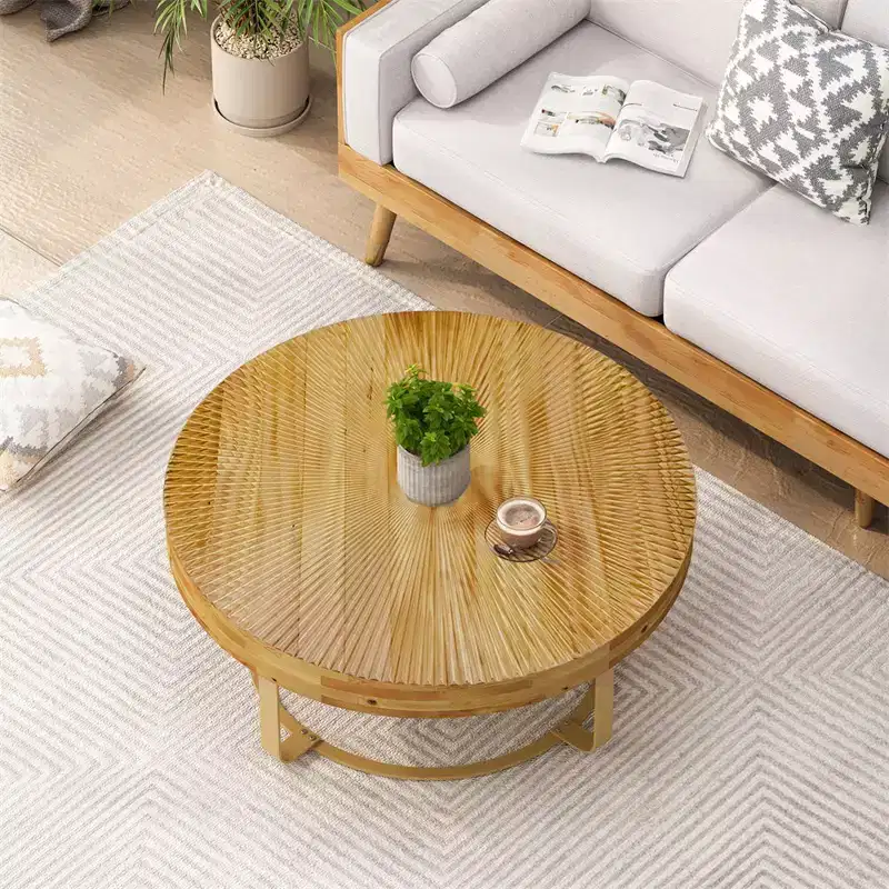 Modern Round Coffee Table – Carved Pine Wood Top & Metal Legs, 31.5