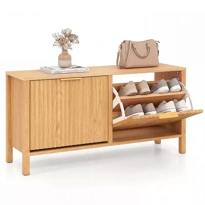 Costway Shoe Storage Bench Narrow Wooden Entryway Bench w/ 2 Flip Drawers for Hallway