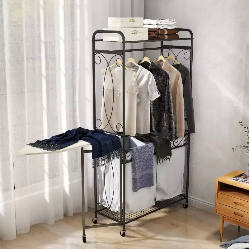 Multifunctional storage rack with hanging rods and shelves, metal basket with wheels, suitable for bathrooms, laundry rooms, and bedrooms.