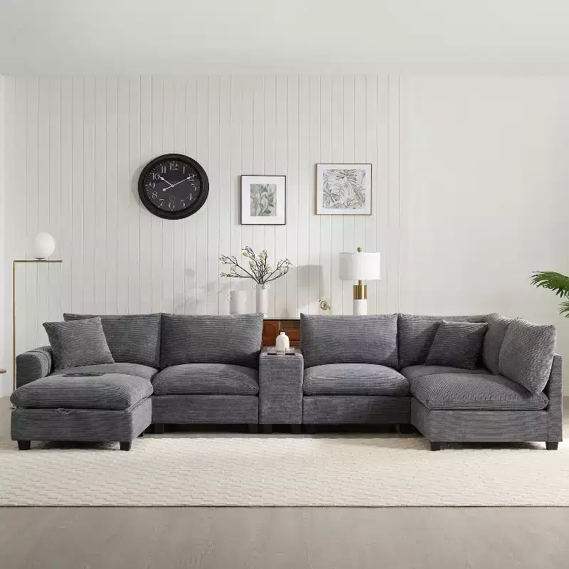 Modern Chenille 4-seat Sectional Sofa with Ottoman, L-Shaped Cloud Couch Set with Throw Pillows