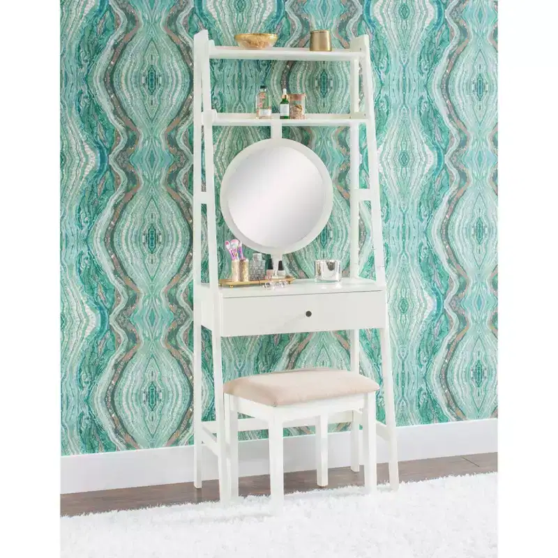 Alaina Wood Leaning Ladder Vanity Set with Upholstered Stool & Storage - Linon