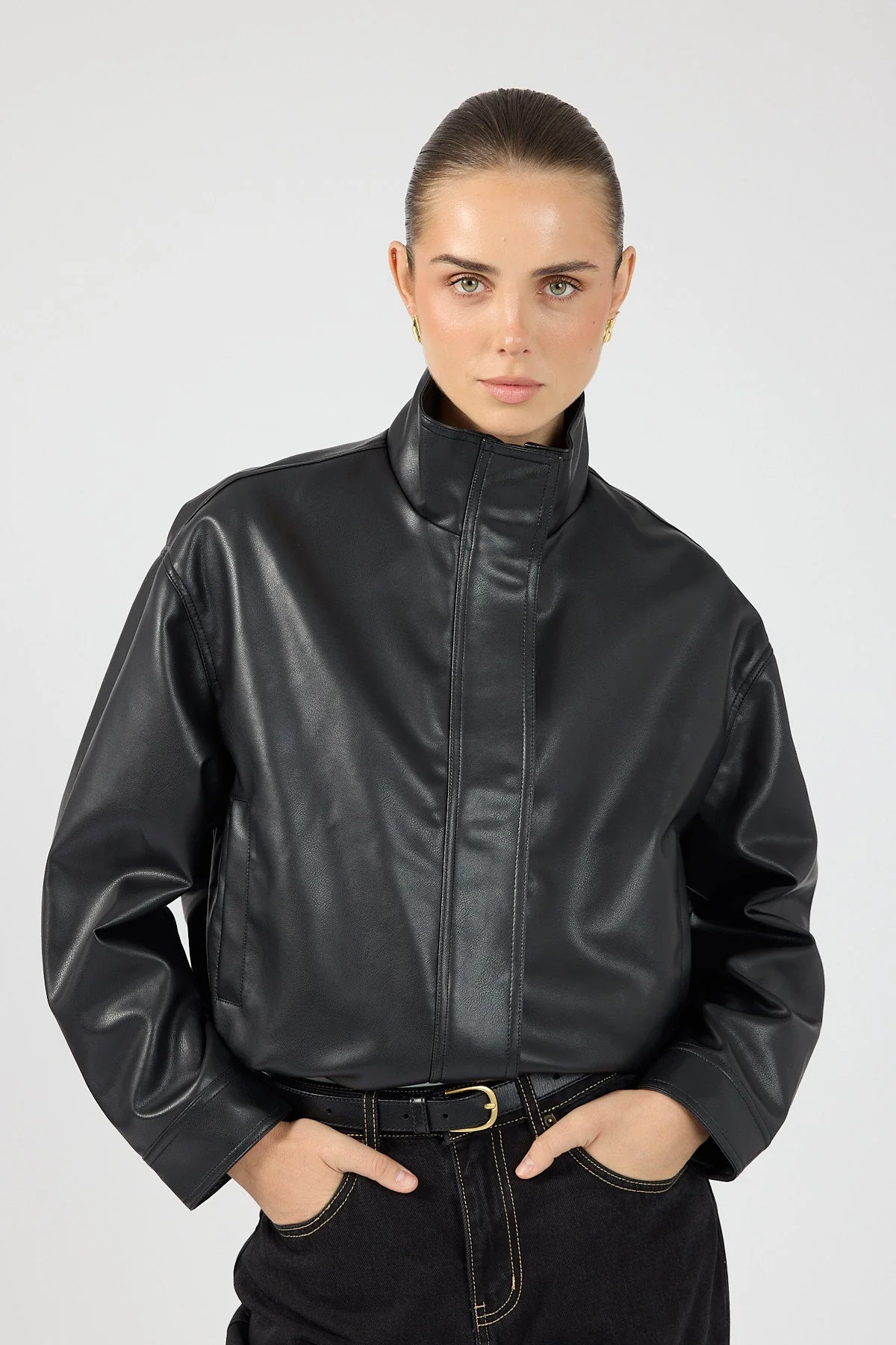 Funnel Neck Faux Leather Bomber Jacket Black
