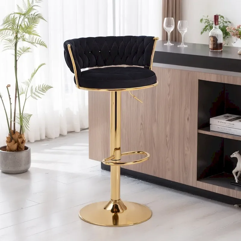 Javlergo Bar Stools Set of 4, Velvet Swivel Bar Stools, Adjustable Height Barstool with Woven Back & Footrest