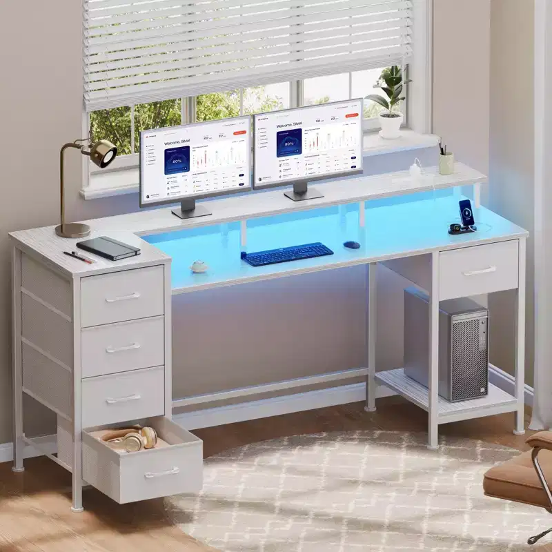 55 Inch White Computer Desk with Charging Station Reversible Gaming Desk LED Lights Fabric Drawers Home Office Writing Table Bedroom Study Storage