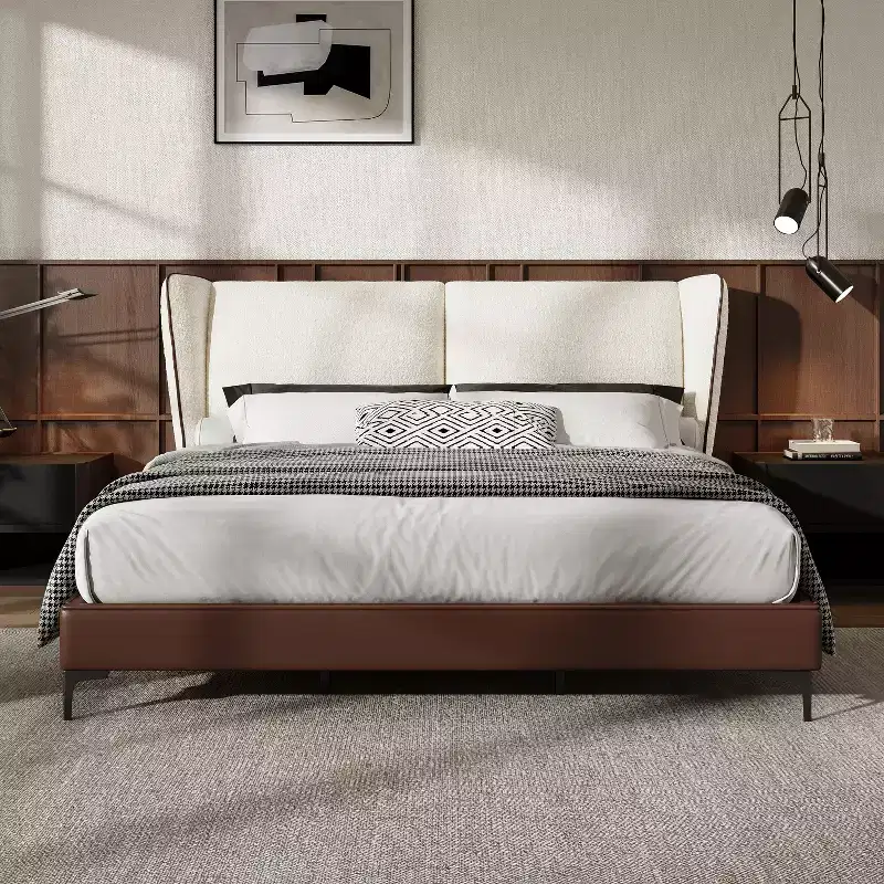 Modern King Size Faux Leather Upholstered Platform Bed with Teddy Wingback Headboard