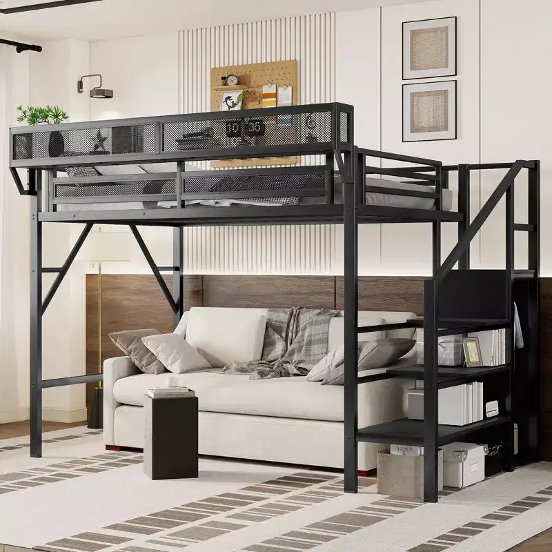 Twin XL Metal Loft Bed with Stairs, Storage Shelves and Wardrobe