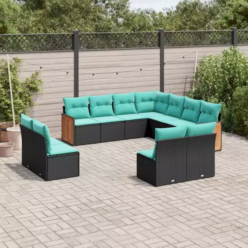 vidaXL 12 Piece Garden Sofa Set with Cushions Black Poly Rattan - Black Without Table