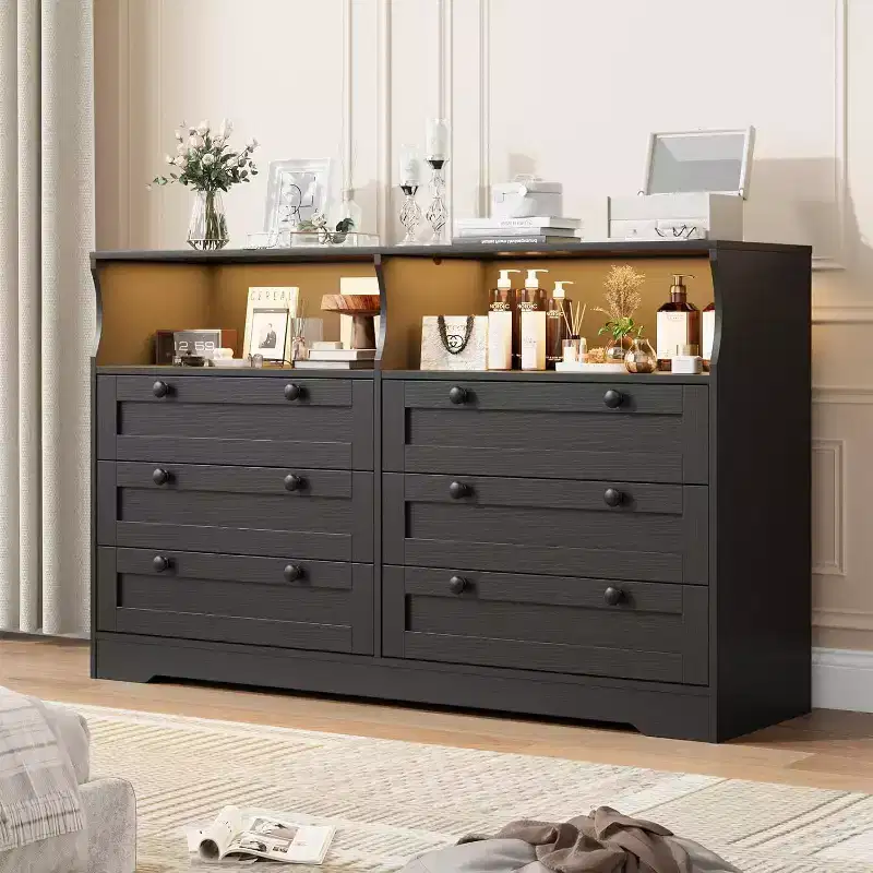 6 Drawer Dresser with LED and Power Strip, Dressers & Chests of Drawers with Storage Cabinet for Bedroom, 55 Wide Wood TV Stand