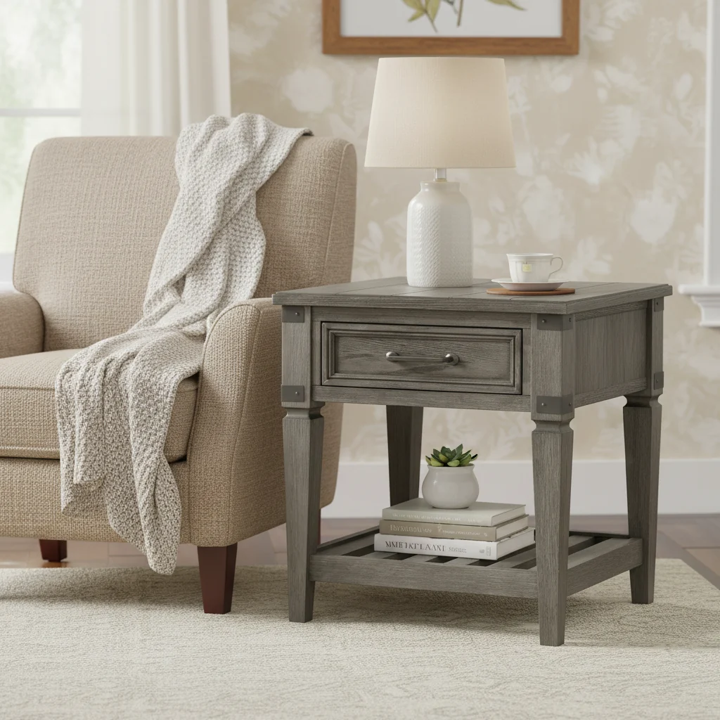 Brushed Pewter End Table with Drawer and Shelf