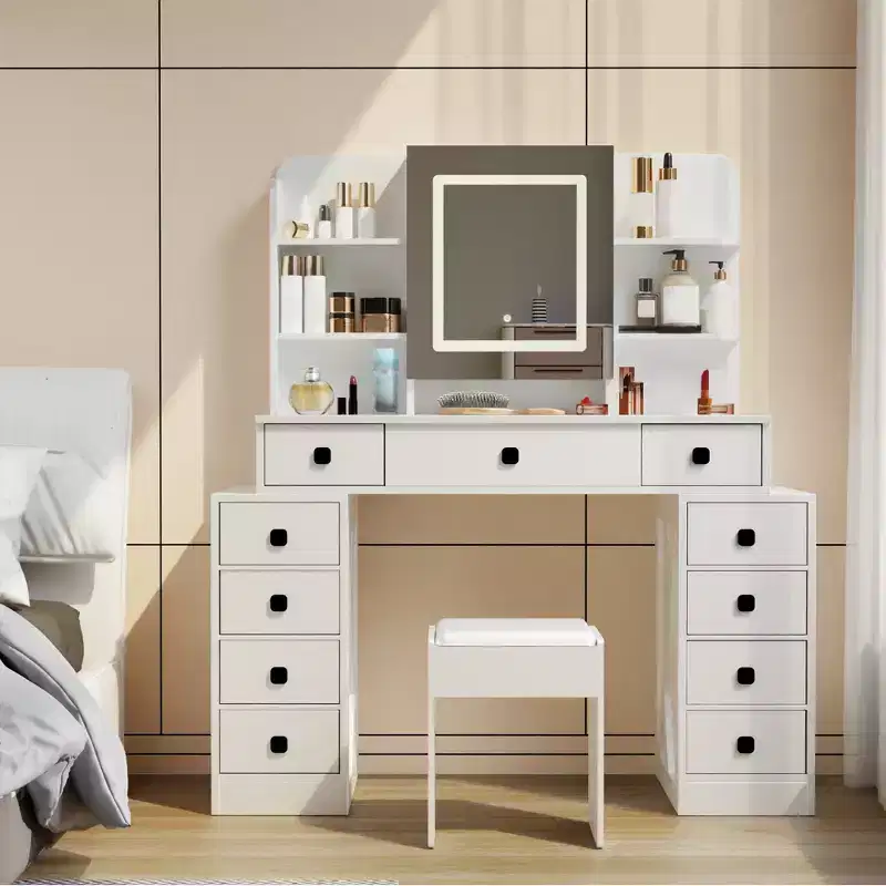 Okak Farmhouse Vanity Desk with Sliding Mirror, Makeup Vanity with Charging Station, Makeup Desk with Sponge Soft Stool for Dressing Room, White
