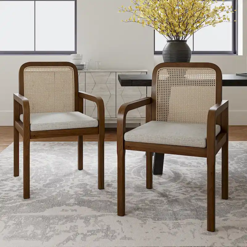 Black/Acorn Rattan Back Dining Chair with Removable Cushion, Set of 2