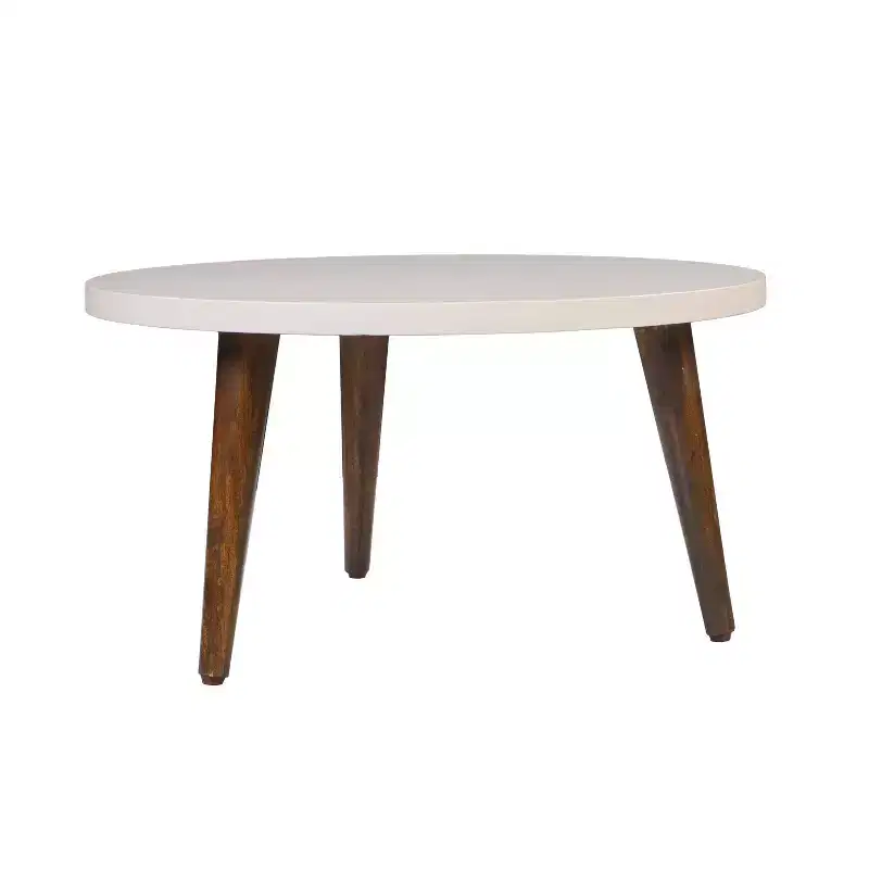 The Urban Port 24" Modern Coffee Table Round Off White Top Tapered Brown Mango Wood Legs Brown/White