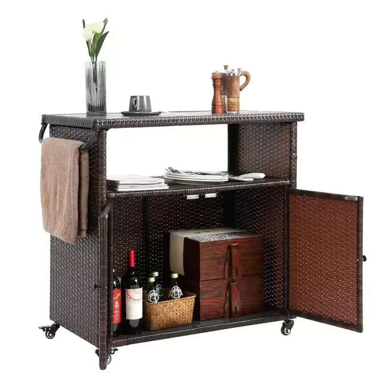 Outdoor Wicker Bar Serving Cart with Glass Tabletop for Patio, Black and Brown