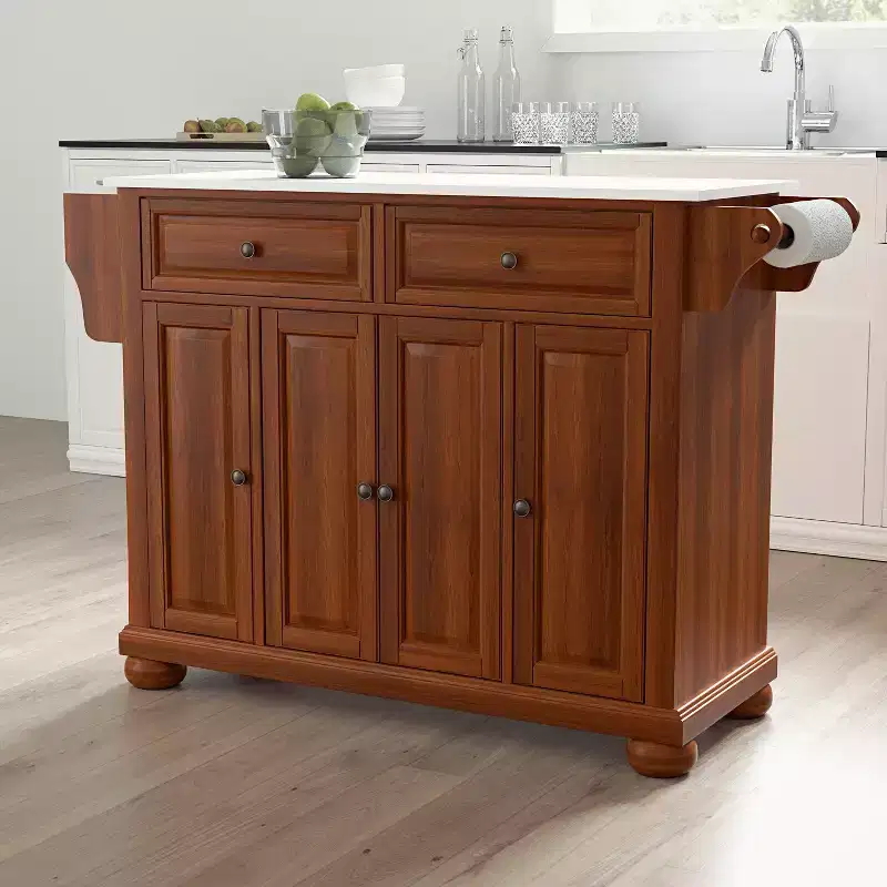 Alexandria Stone Top Full Size Kitchen Island/Cart Cherry/White - Crosley: Wood Frame, Granite Surface, 4 Doors, 5 Drawers