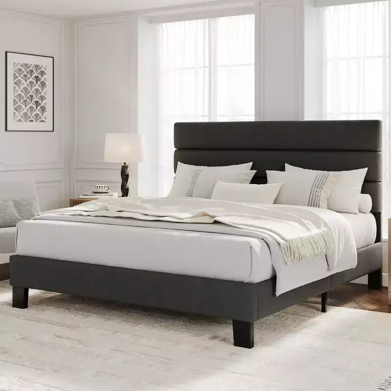 COZONY Linen Upholstered Platform Bed Frame with Adjustable Headboard, Wooden Slats Support, Noise-Free & Easy Assembly for Bedroom, Apartment