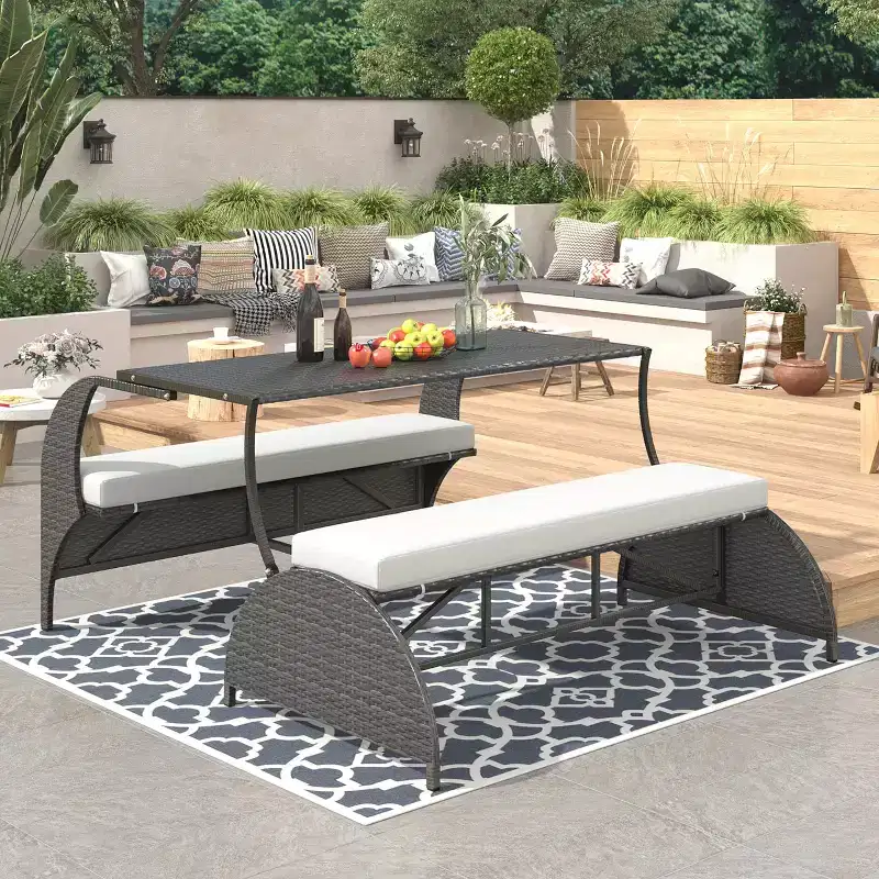 Outdoor Patio Loveseat Modern Rattan 2 Seat Conversation Set Convertible Picnic Upholstered Bench Table Portable Picnic Table Couch
