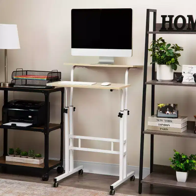 White Rolling Sit/Stand Desk with Side Storage